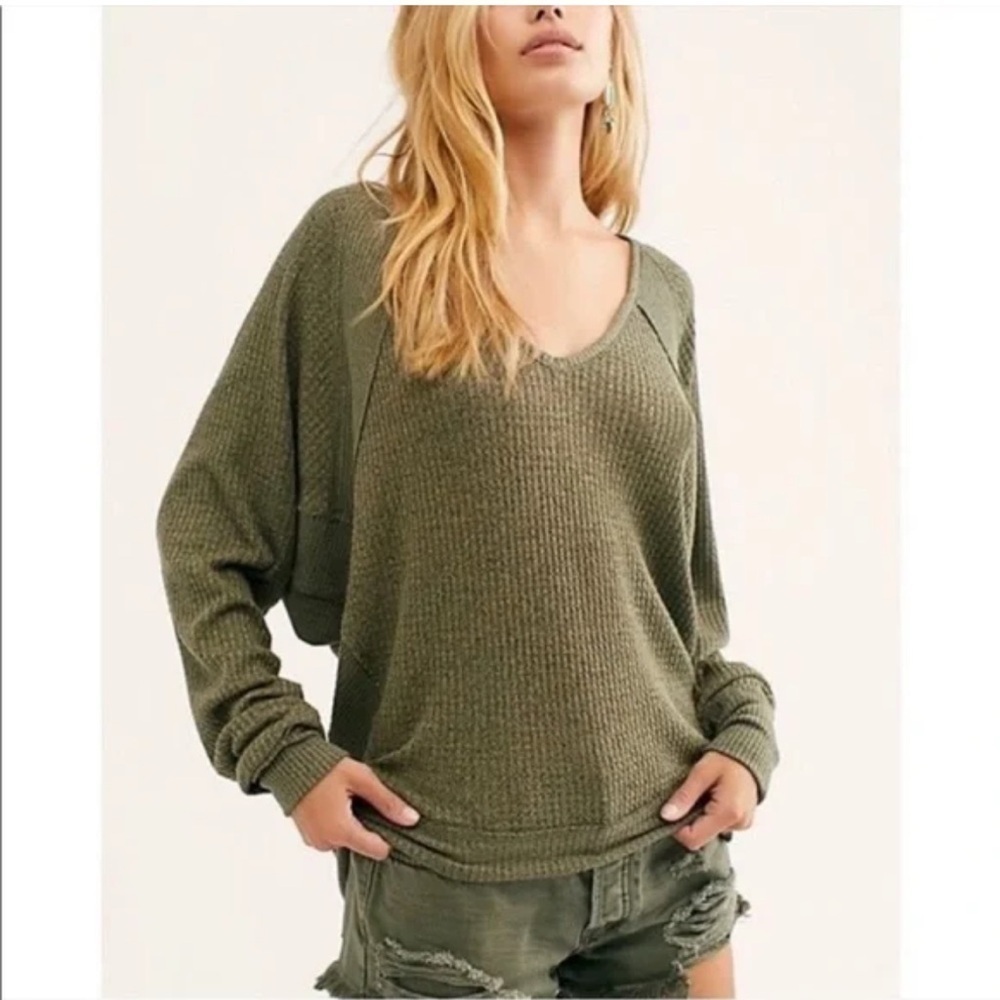 Free People Catalina Thermal Top Olive Green Long Sleeve Top XS
